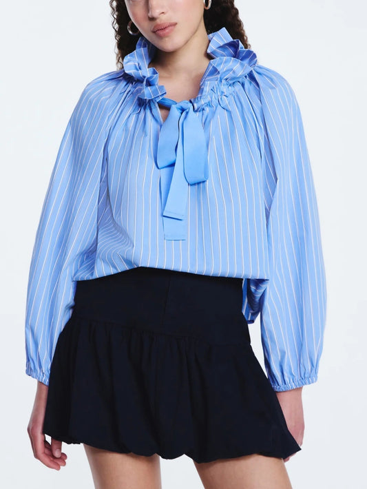 Women's Ruffle Tie Neck Cotton Top with Long Puff Sleeves