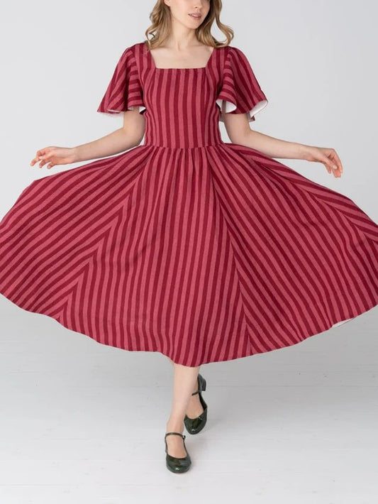 Square Neck Linen Dress with Butterfly Sleeve
