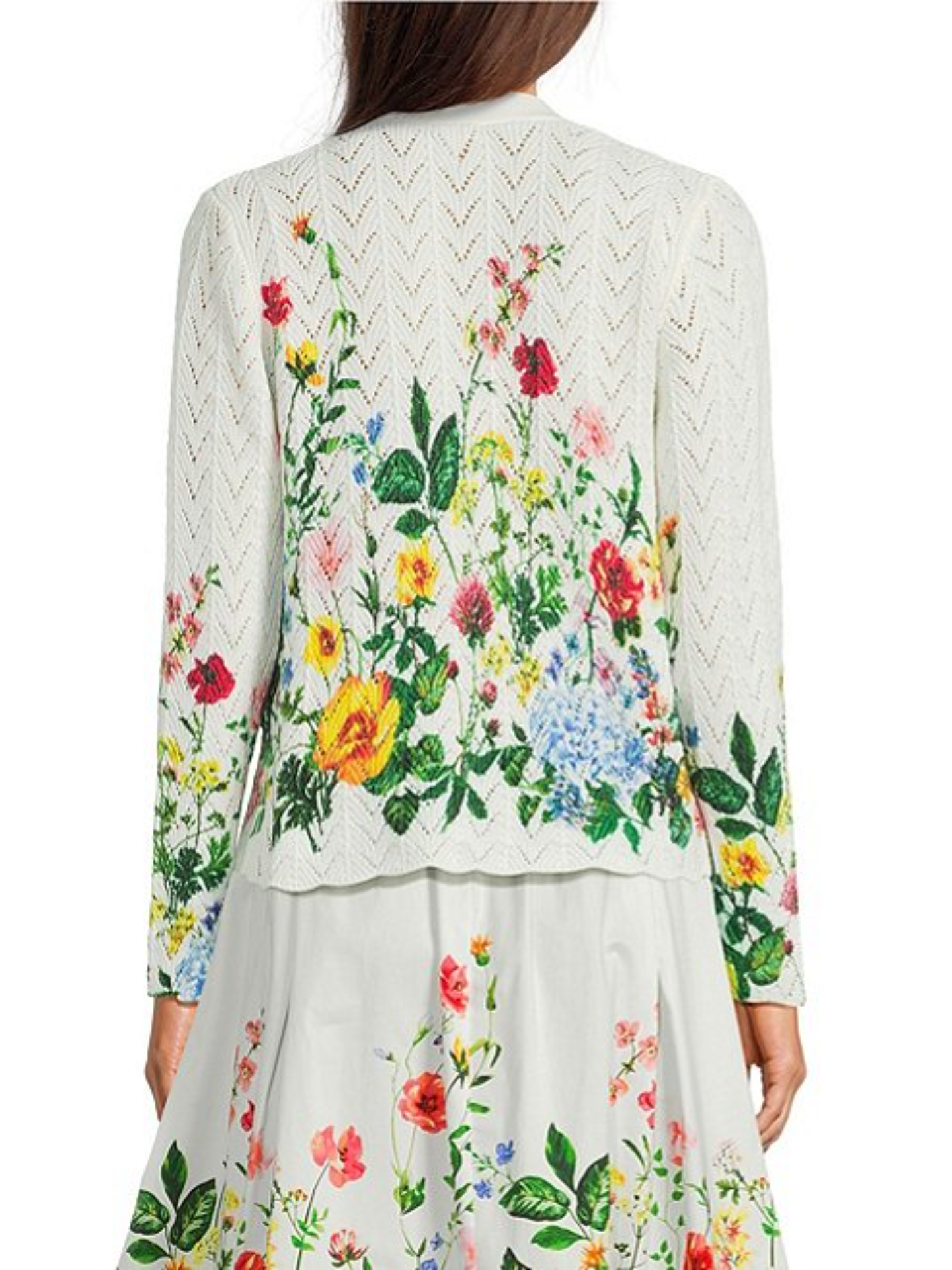 Coordinating Floral Pointelle V- Neck Long Sleeve Scalloped Hem Cardigan