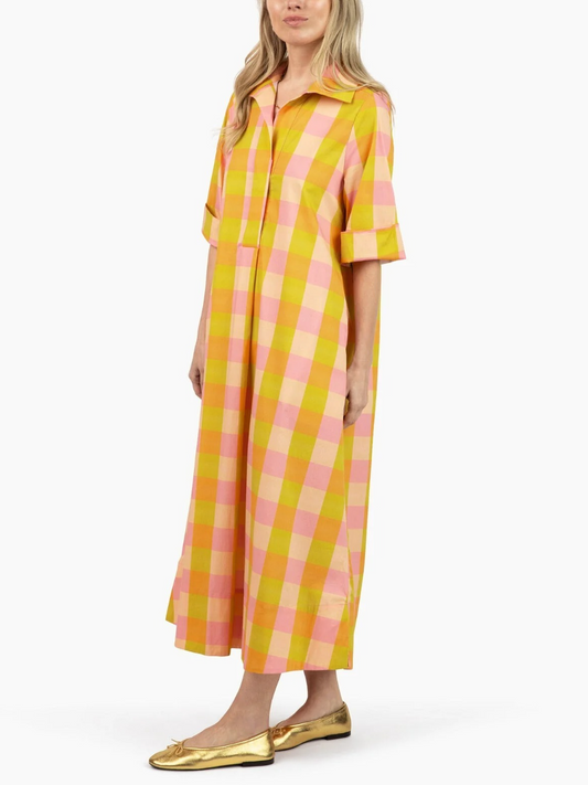 Oversized Check Print Roll Sleeve Shirt Dress