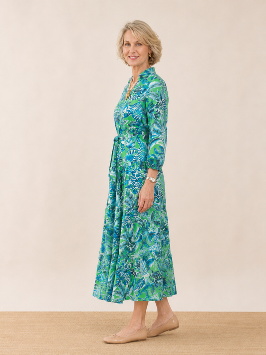 Green & Blue Tropical Print Midi Dres