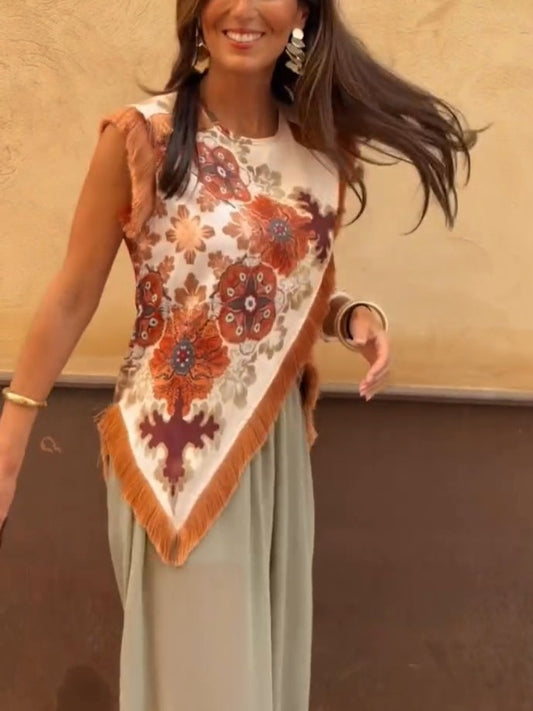 Stunning Floral Print Asymmetric Tassel Trim Scarf Top