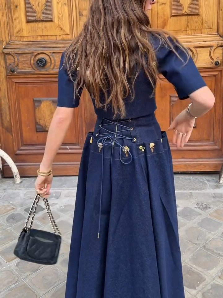 Gold Button Indigo Denim Two-Piece
