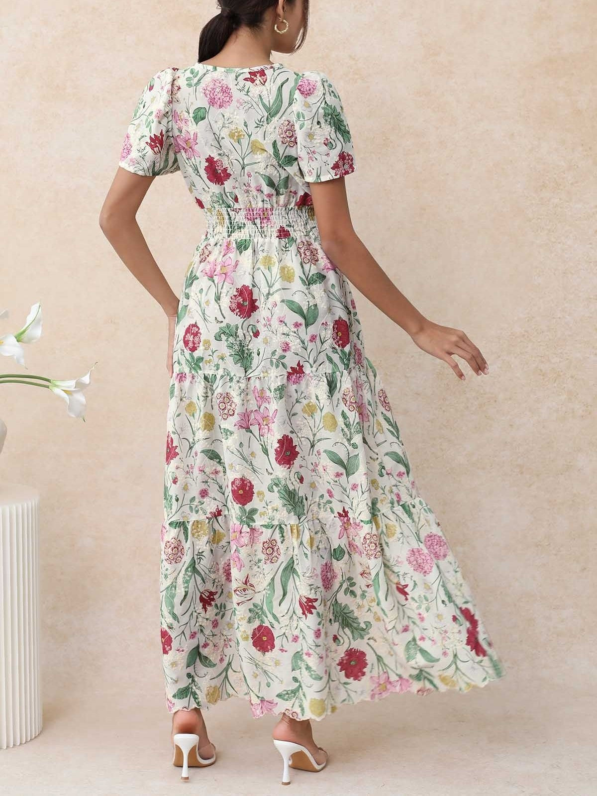 Ebullient Flower Embroidered Frilling Maxi Dress