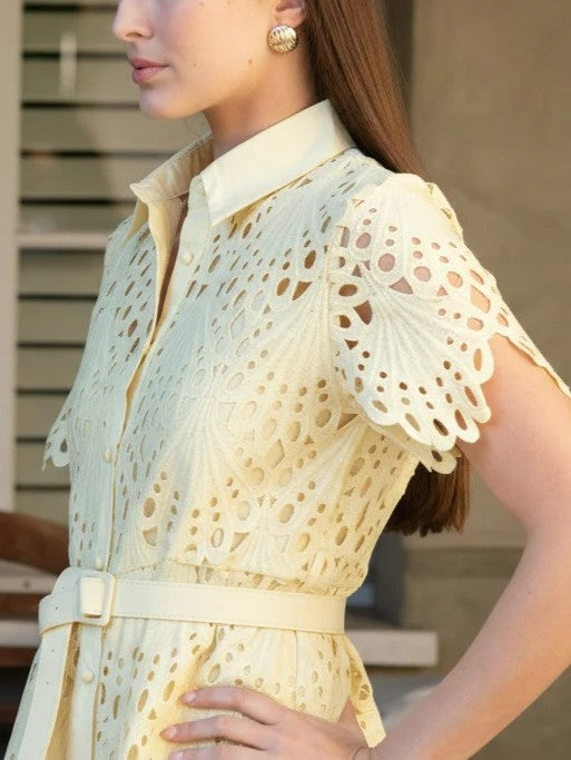 Robin Belted Short Sleeve Lace Midi Dress
