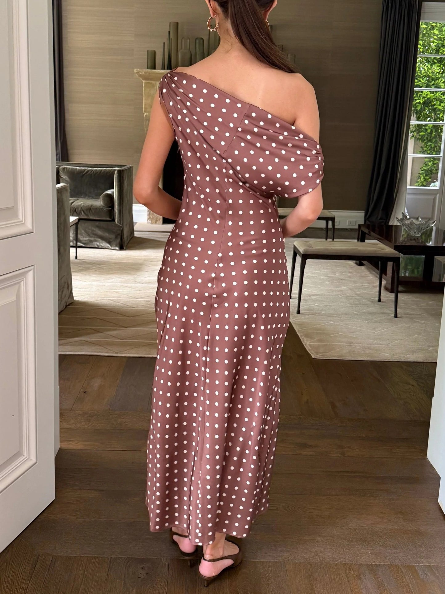 Chocolate Polka Dot Off The Shoulder Maxi Dress