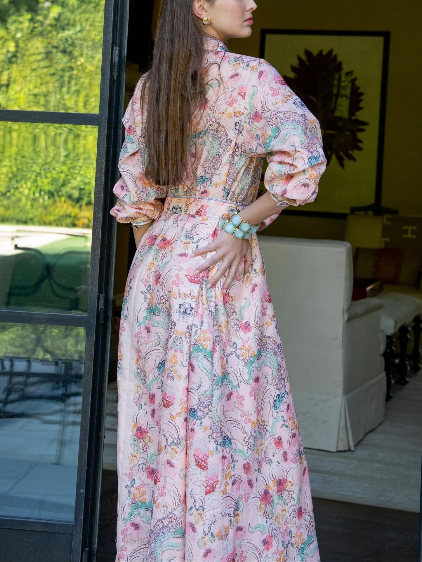 Long Sleeve Floral Maxi Dress with Belted Fringe Waist