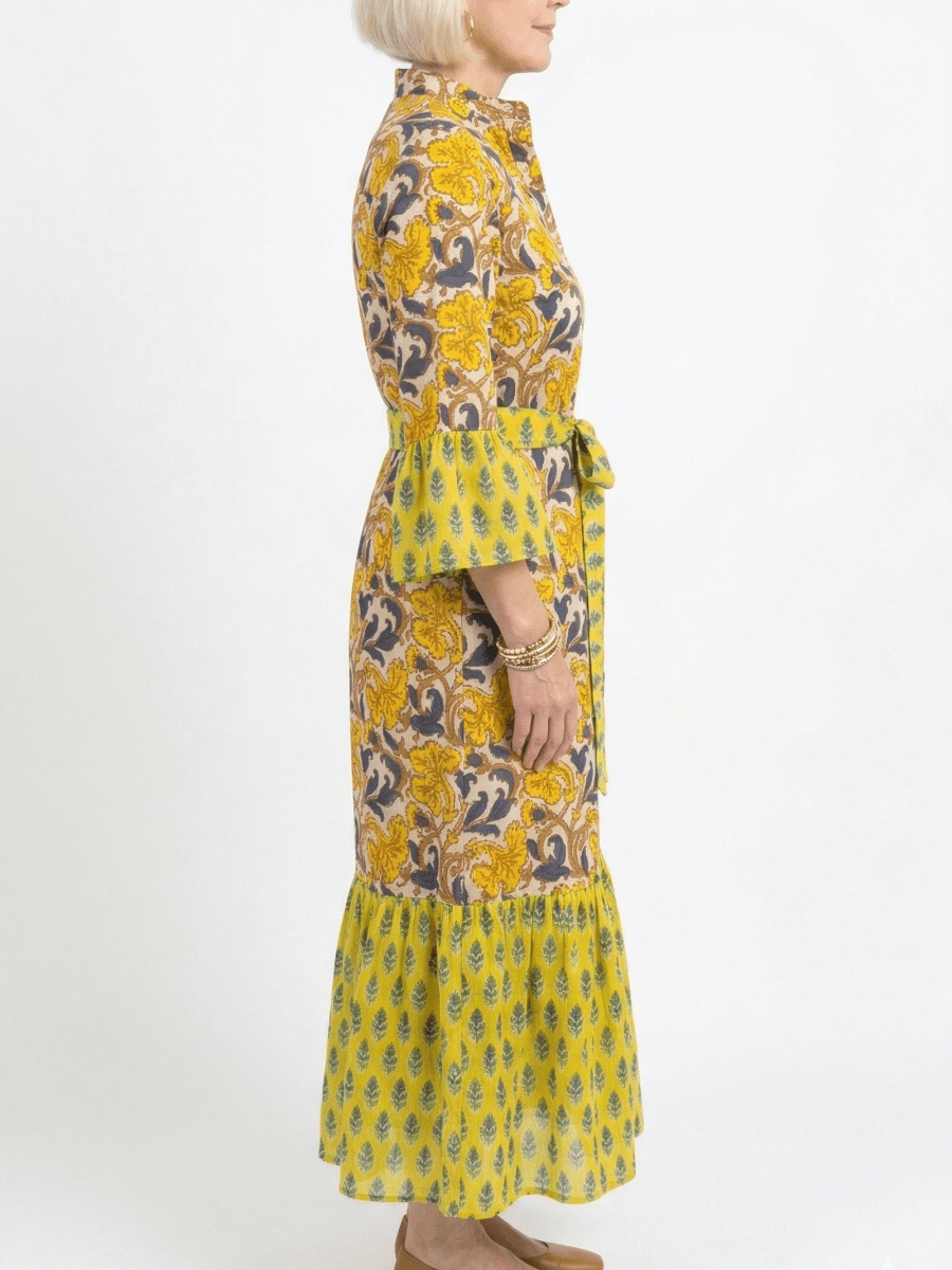 Yellow Floral Print Ruffle Cuff Button - Down Midi Dress With Belt - allsose