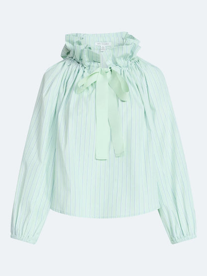 Women's Ruffle Tie Neck Cotton Top with Long Puff Sleeves