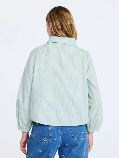 Women's Ruffle Tie Neck Cotton Top with Long Puff Sleeves