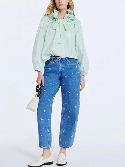 Women's Ruffle Tie Neck Cotton Top with Long Puff Sleeves