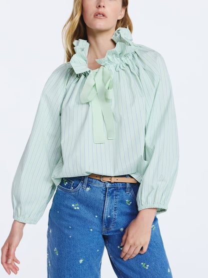 Women's Ruffle Tie Neck Cotton Top with Long Puff Sleeves