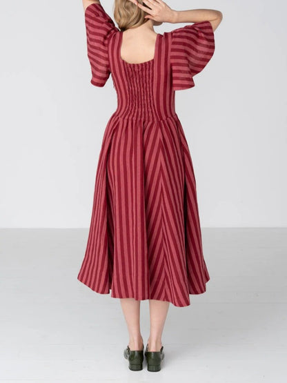 Square Neck Linen Dress with Butterfly Sleeve
