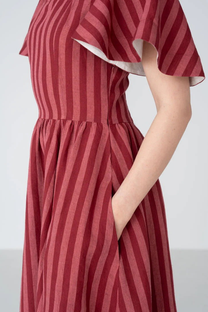 Square Neck Linen Dress with Butterfly Sleeve
