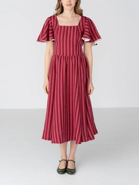 Square Neck Linen Dress with Butterfly Sleeve