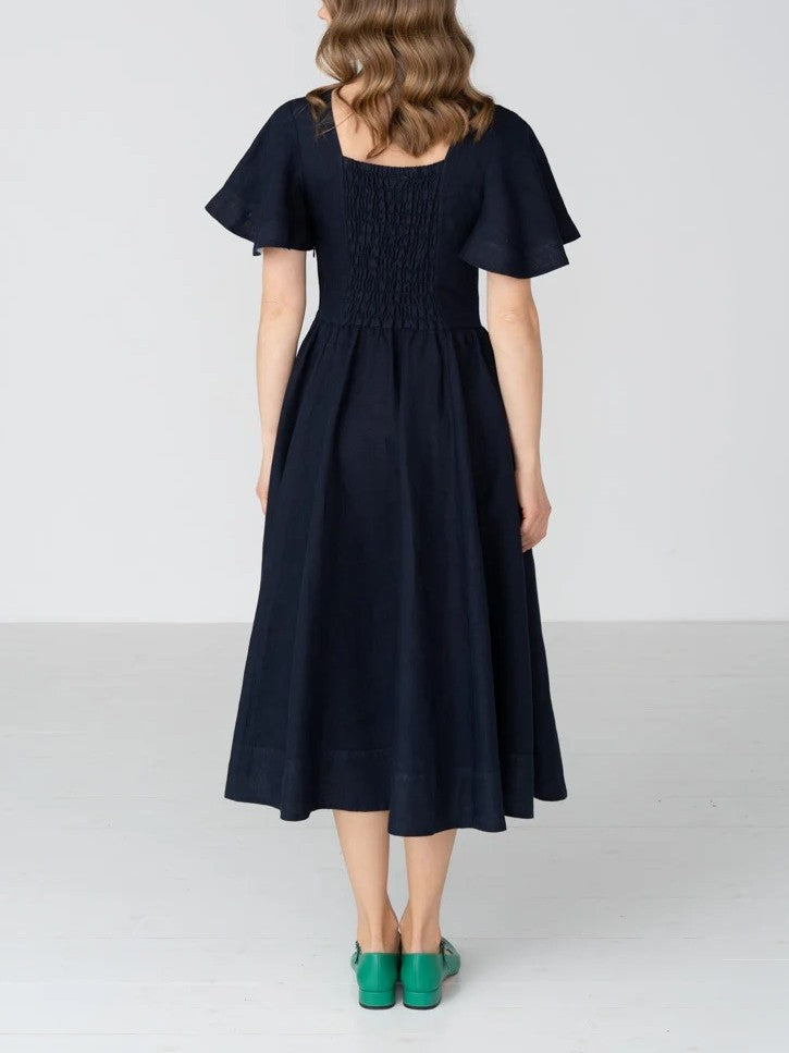 Square Neck Linen Dress with Butterfly Sleeve