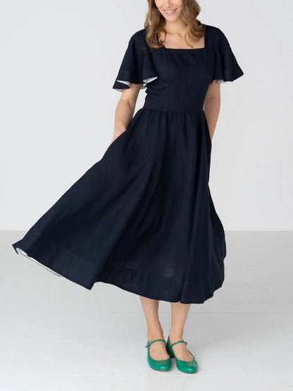 Square Neck Linen Dress with Butterfly Sleeve