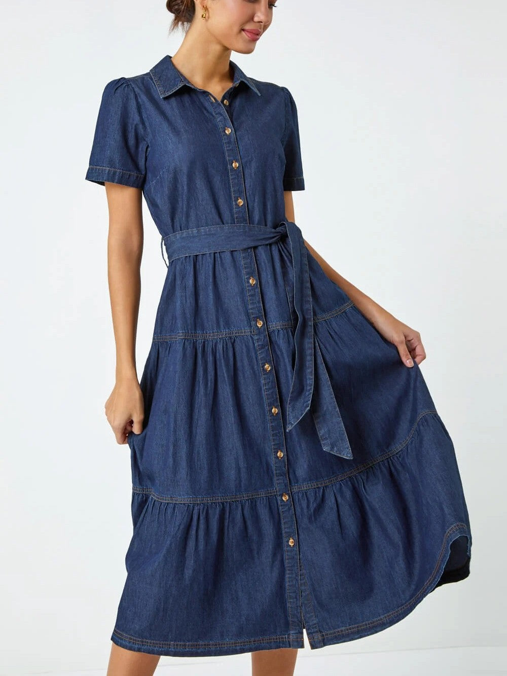 Blue Denim Tiered Cotton Midi Dress
