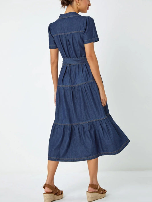 Blue Denim Tiered Cotton Midi Dress