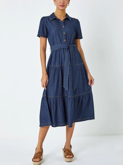 Blue Denim Tiered Cotton Midi Dress
