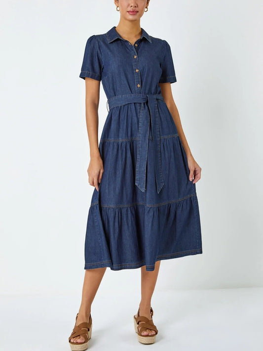 Blue Denim Tiered Cotton Midi Dress