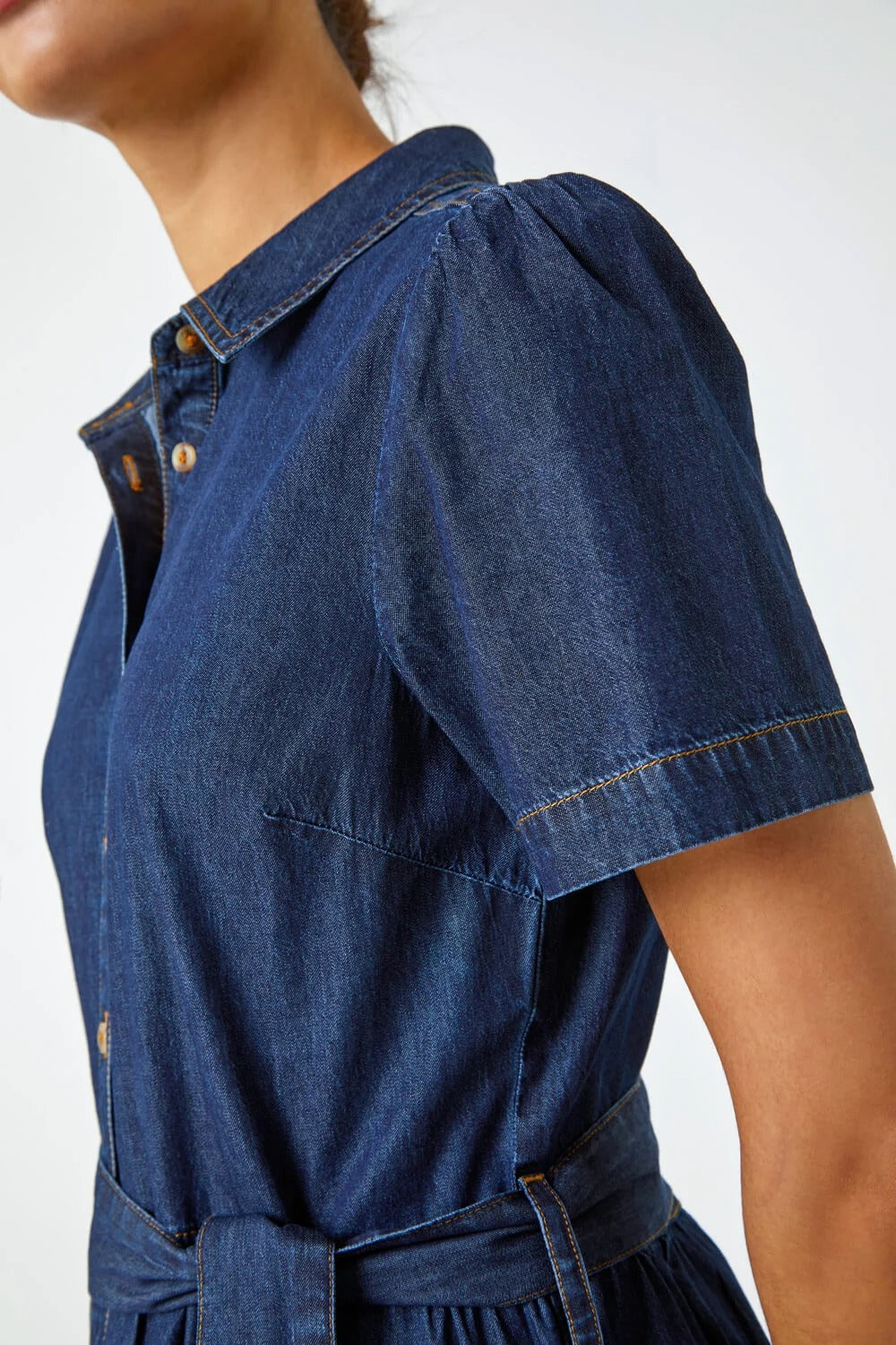 Blue Denim Tiered Cotton Midi Dress