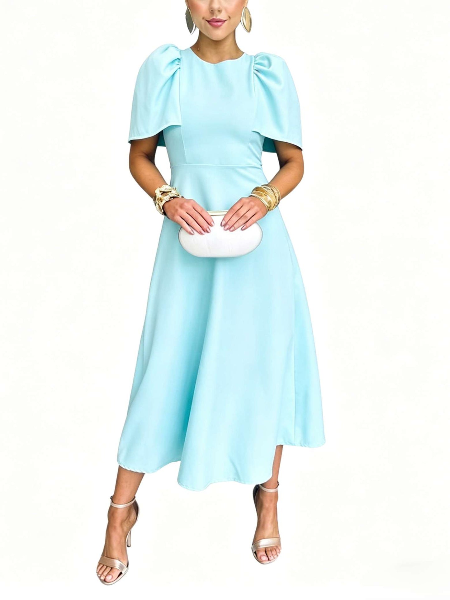 VESTIDO MIDI EM CREPE COM MANGAS VERDE TIFFANY