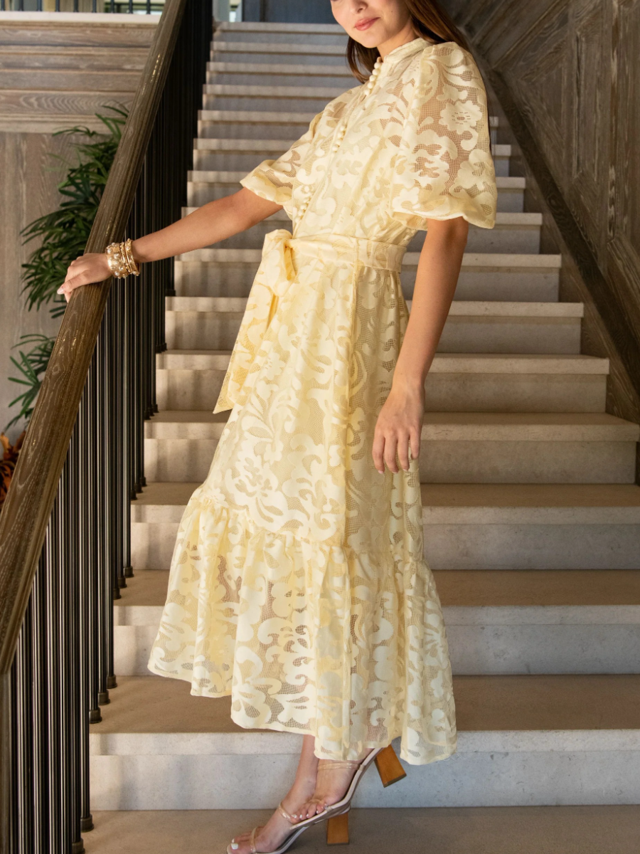 Lace Short Puff Sleeve Midi Dress - Yellow