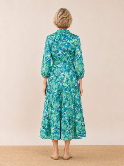 Green & Blue Tropical Print Midi Dres