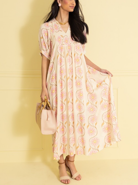 Cream Pink Daisy Print Puff Sleeve Maxi Dress