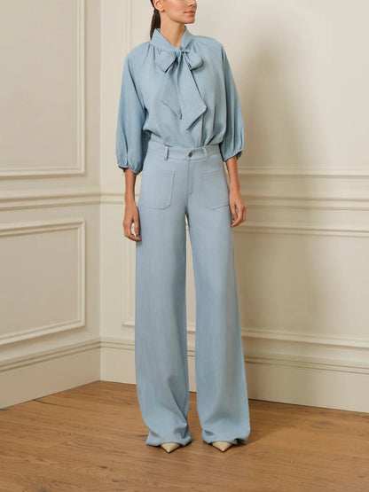 Blue Denim Puff-Sleeve Shirt With Tie