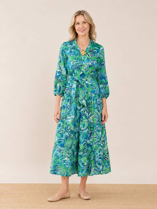 Green & Blue Tropical Print Midi Dres