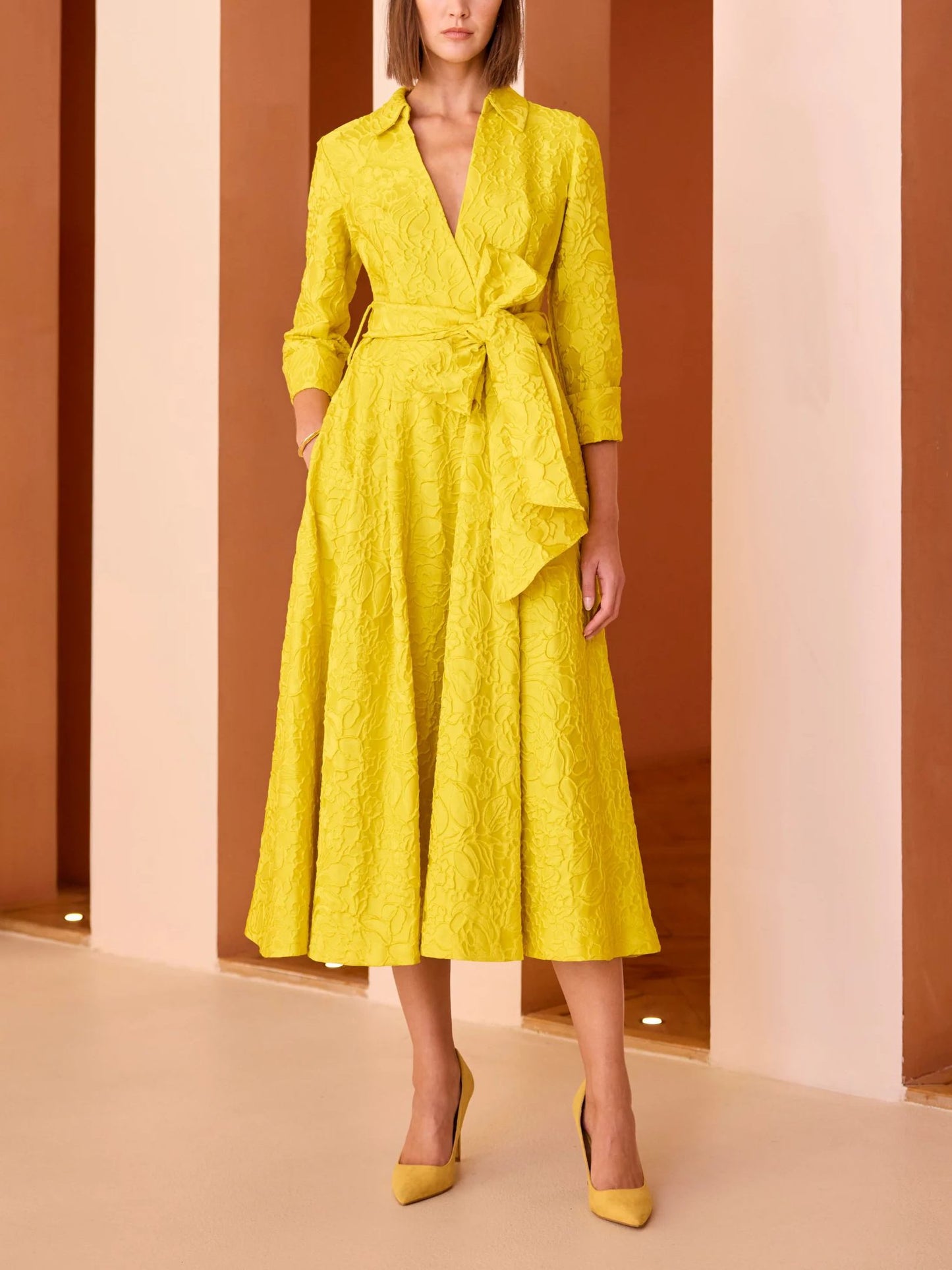 Yellow Embossed Midi Dress