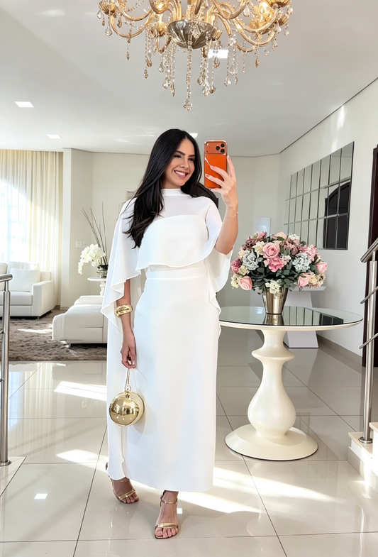 Cape Sleeve White Formal Midi Dress
