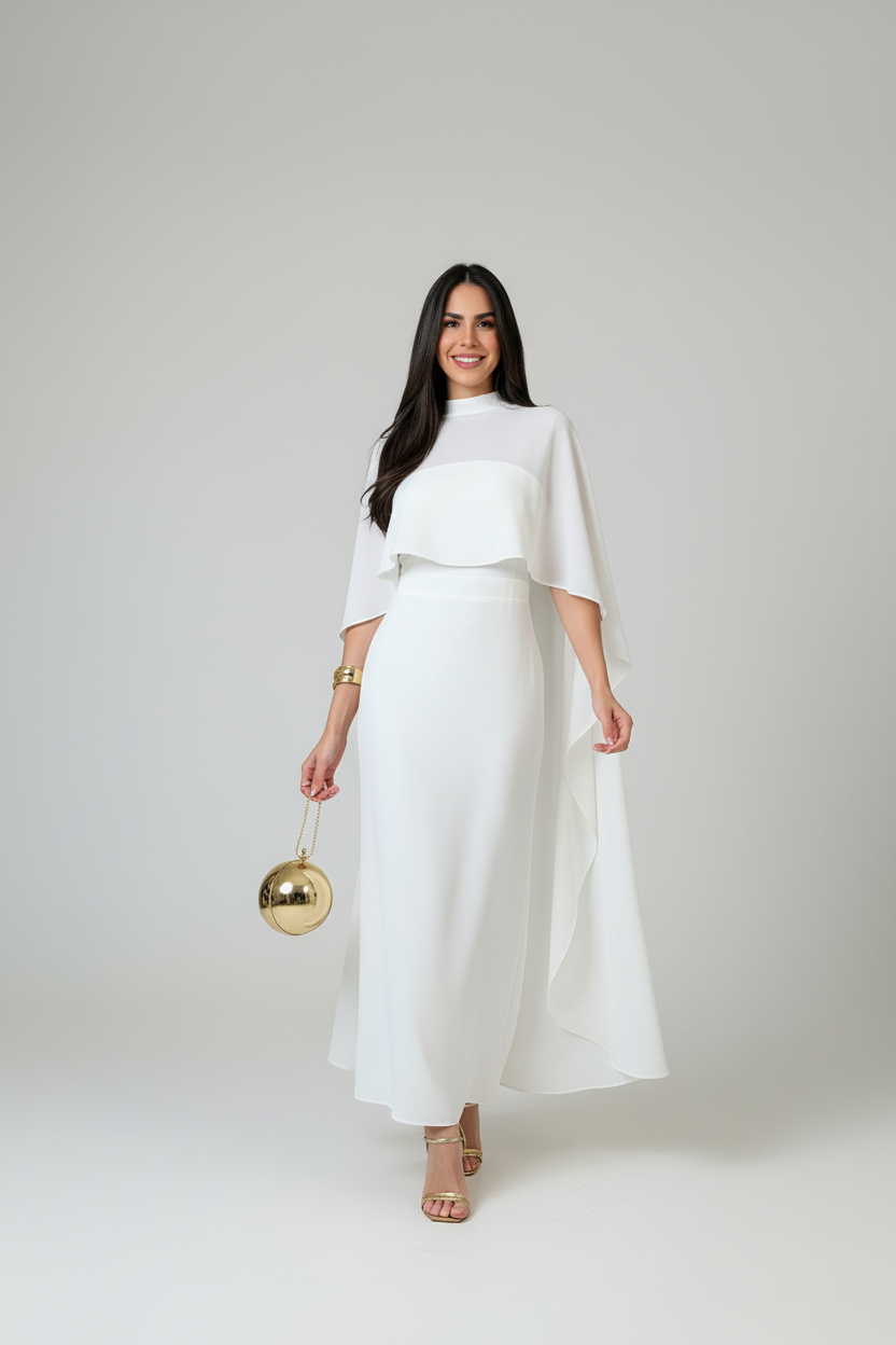 Cape Sleeve White Formal Midi Dress