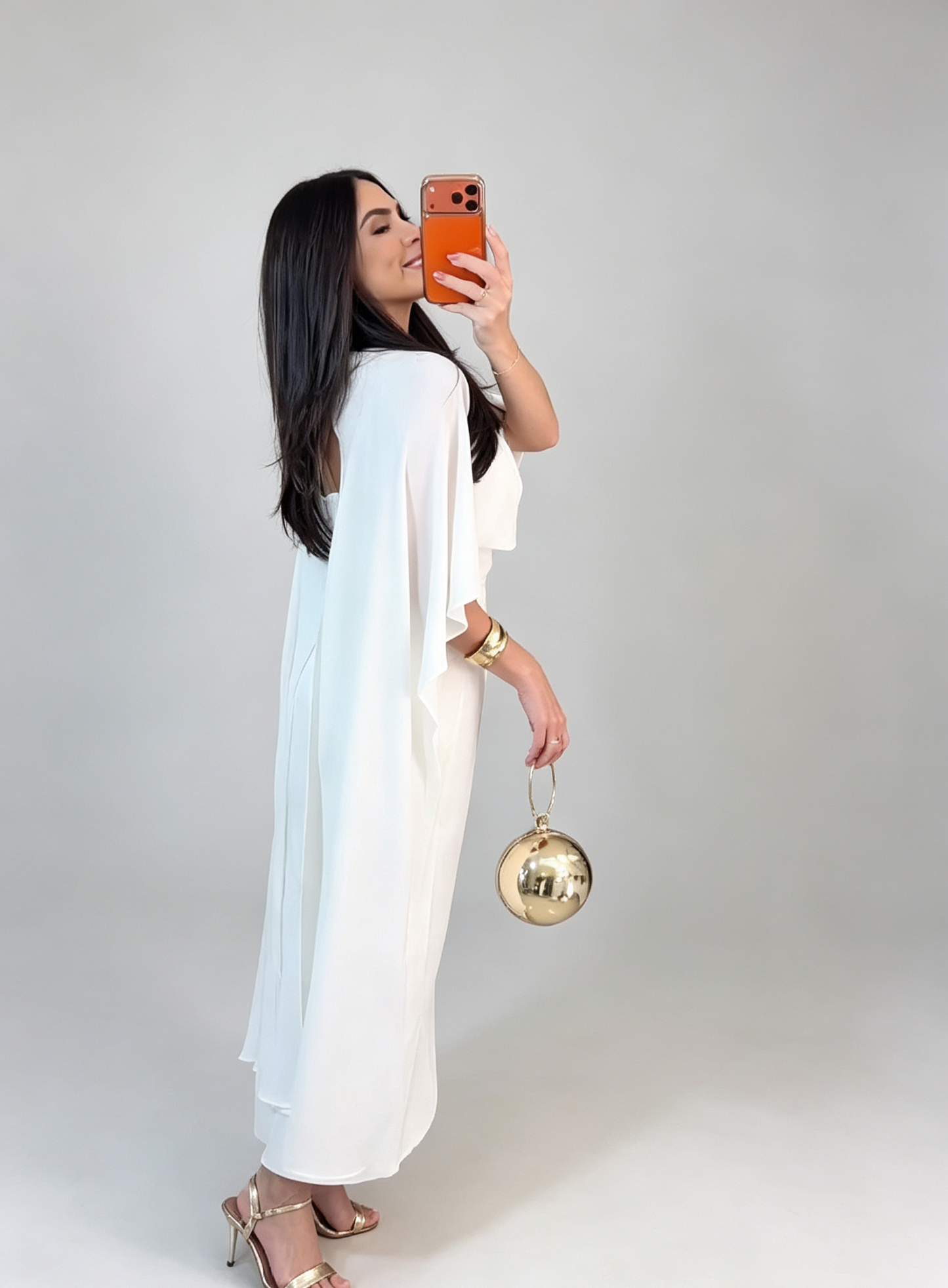 Cape Sleeve White Formal Midi Dress