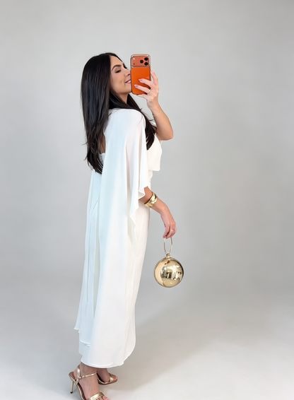 Cape Sleeve White Formal Midi Dress