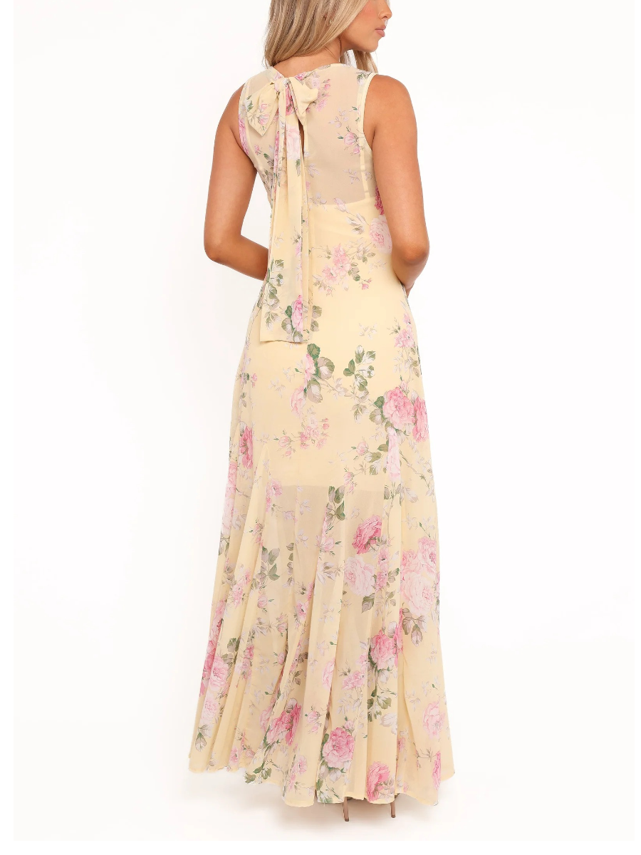 Yellow Pink Floral Chiffon Maxi Dress