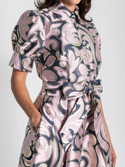 Elegant Jacquard Print Short Puffed Sleeves Gown Maxi Dress