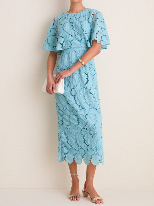 Eyelet Cutout Cape Sleeves Elegant Maxi Dress