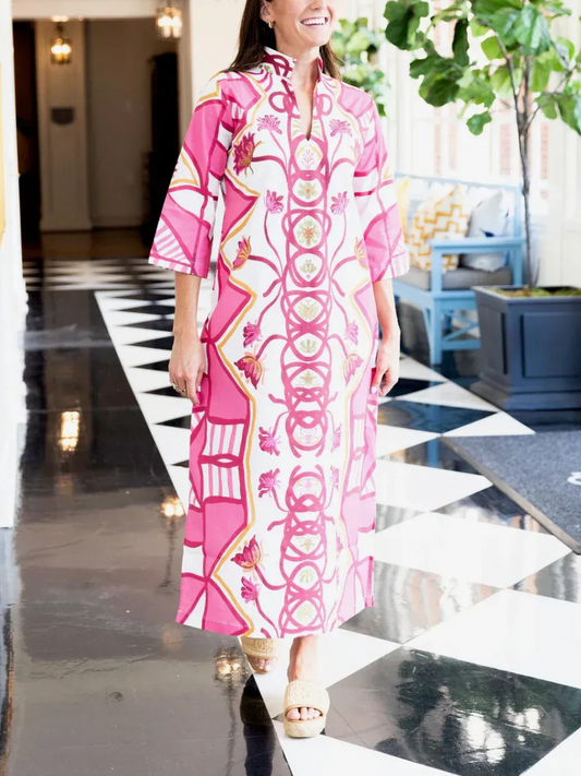 Boho Pink Print 3/4 Sleeve Maxi Caftan