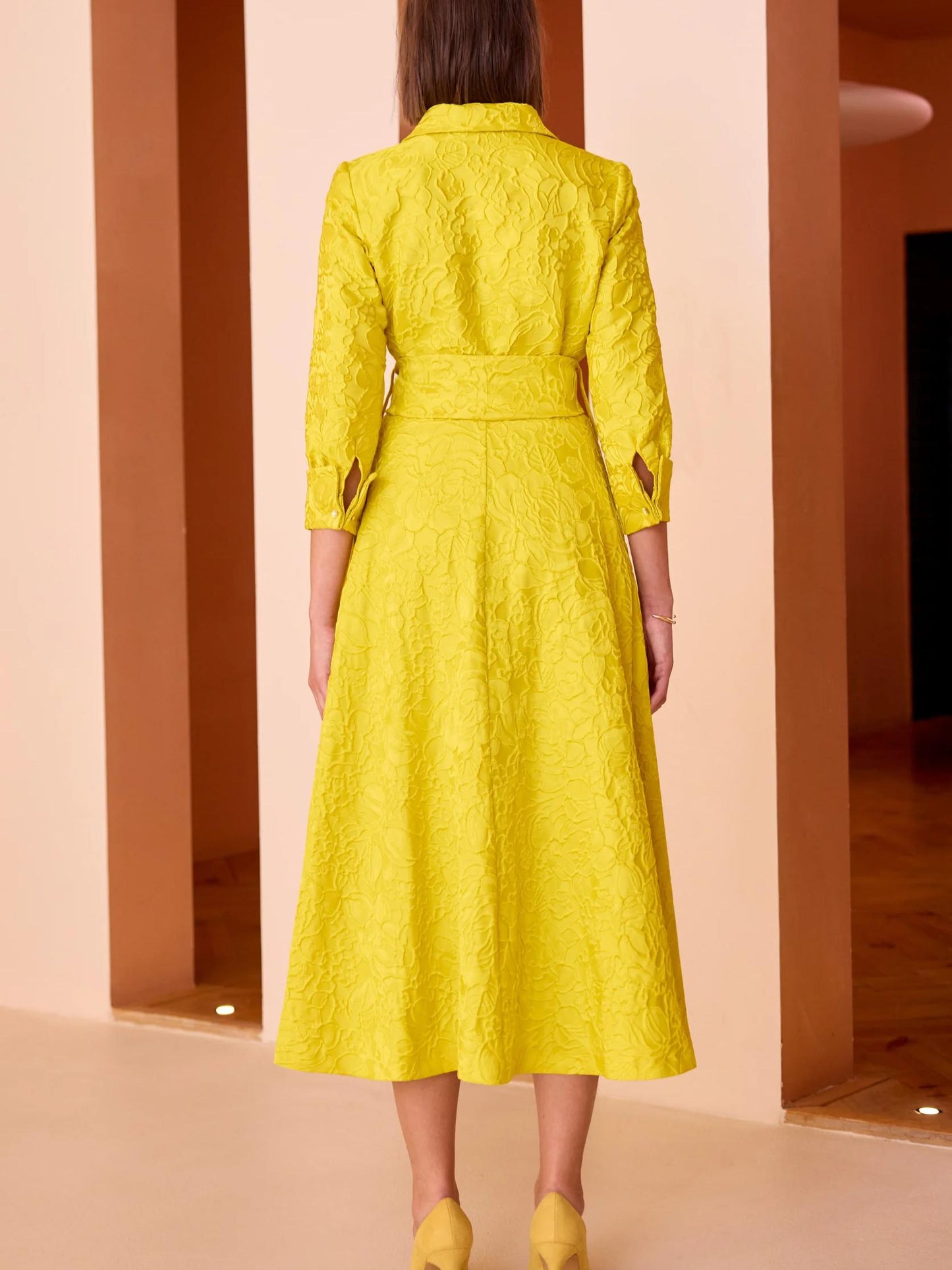 Yellow Embossed Midi Dress