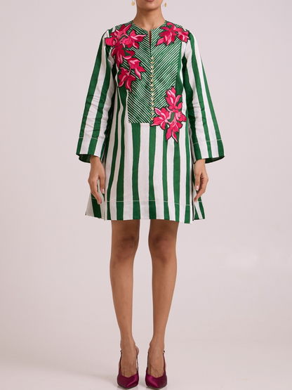 Multi-Colored Bemberg Cotton Satin Floral Printed Dress