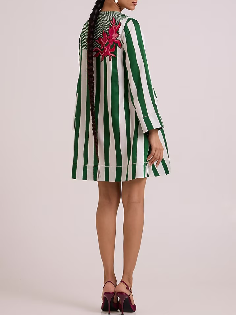 Multi-Colored Bemberg Cotton Satin Floral Printed Dress