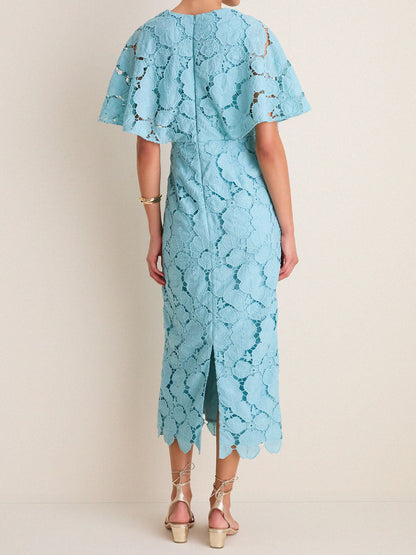 Eyelet Cutout Cape Sleeves Elegant Maxi Dress