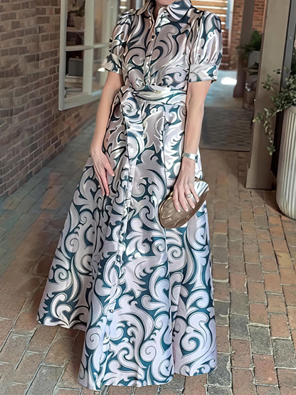 Elegant Jacquard Print Short Puffed Sleeves Gown Maxi Dress