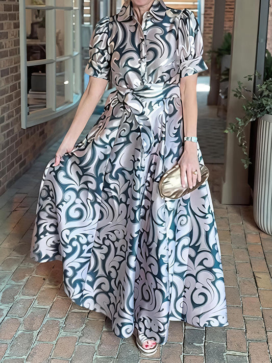 Elegant Jacquard Print Short Puffed Sleeves Gown Maxi Dress
