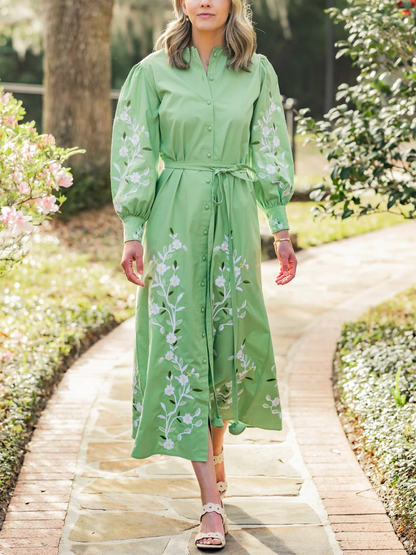 Green Floral Embroidered Midi Shirt Dress