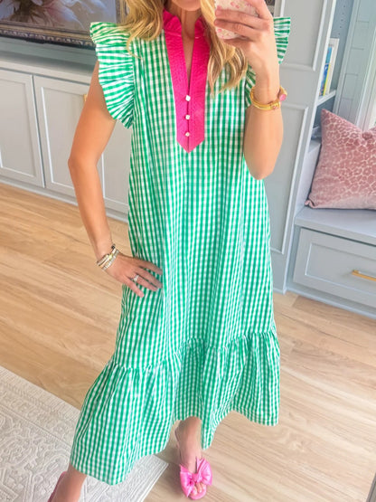 Green Gingham Flutter Sleeve Midi Dress