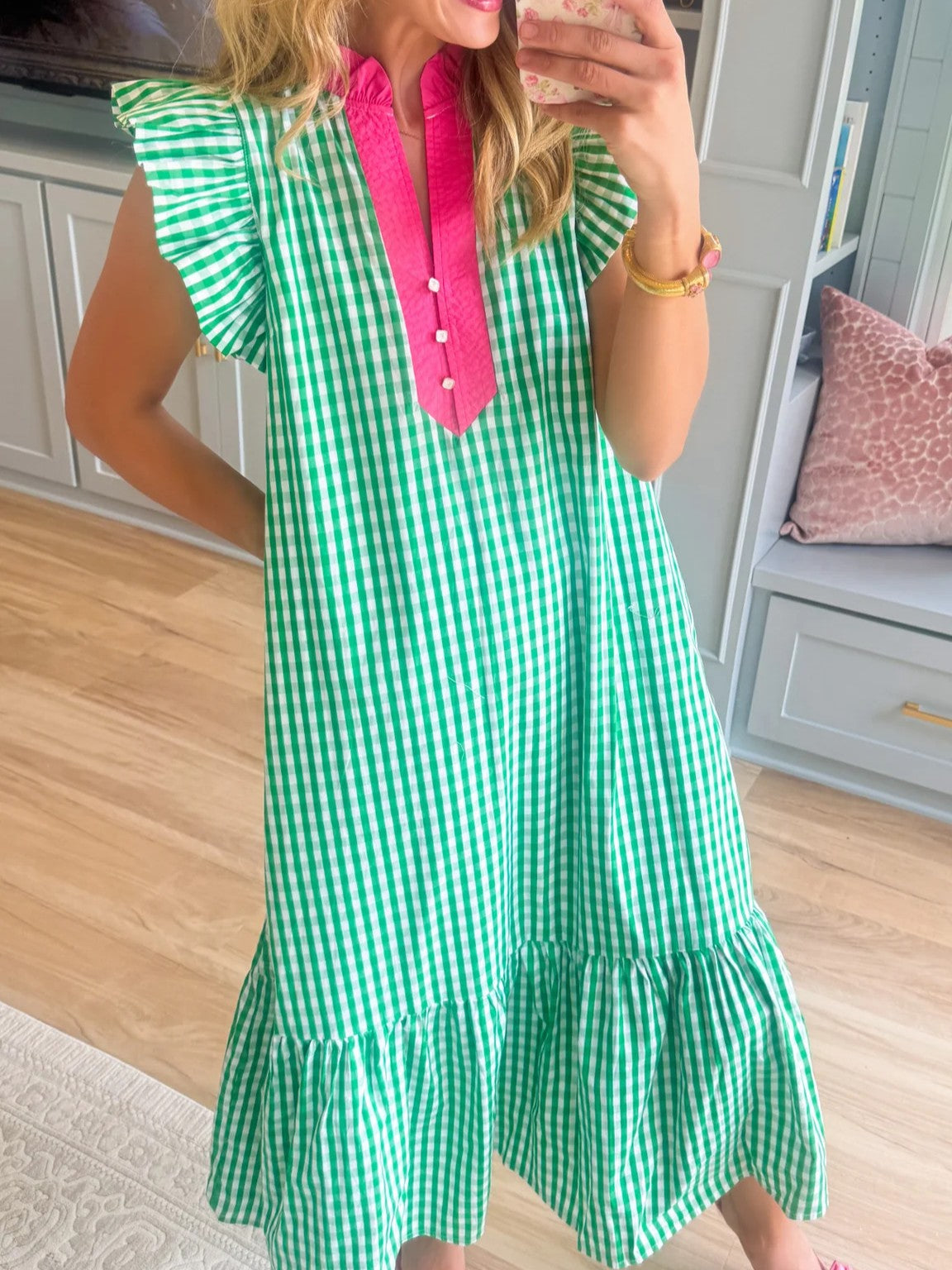 Green Gingham Flutter Sleeve Midi Dress